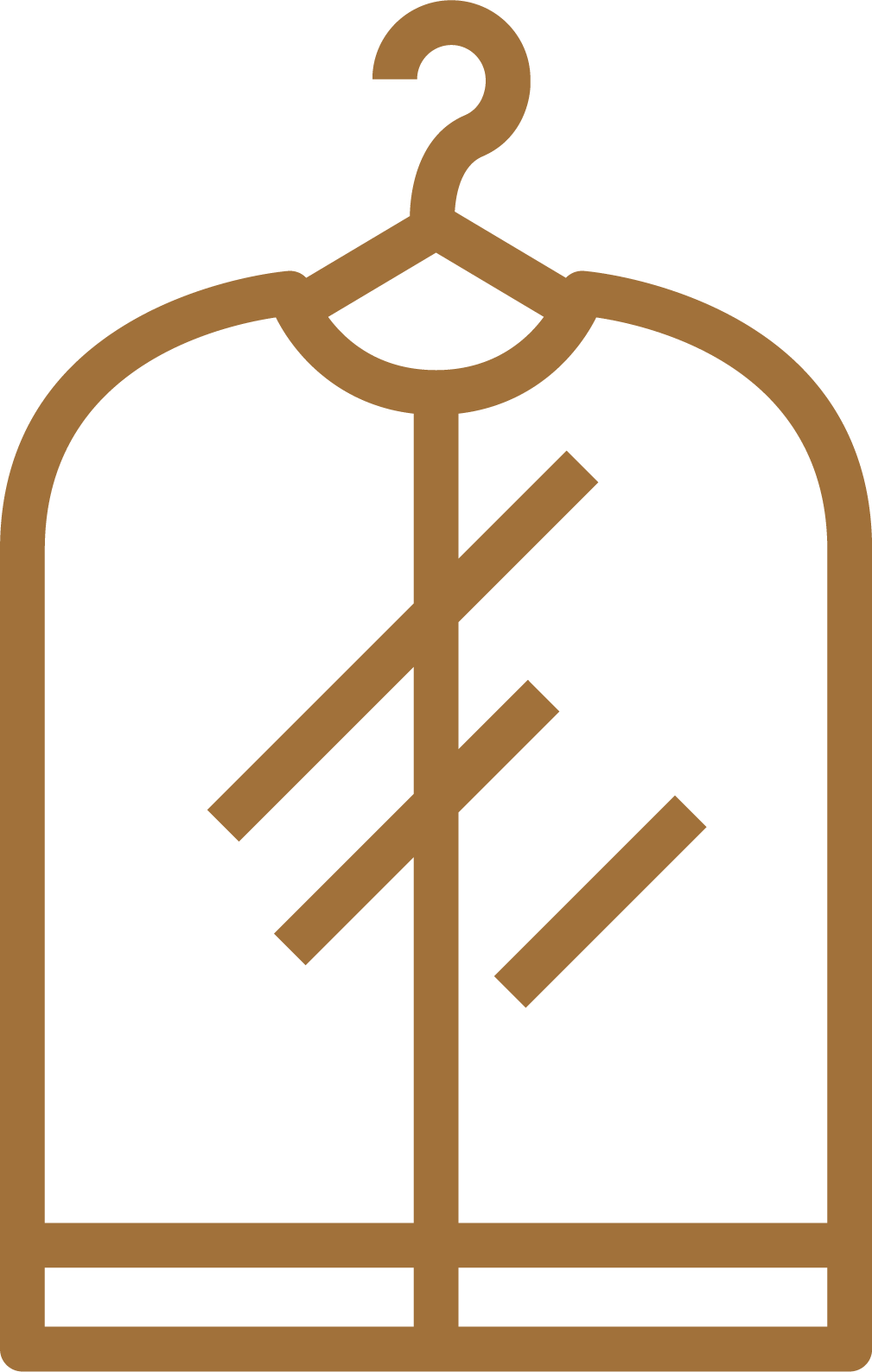 A brown and orange icon of a clothes hanger.