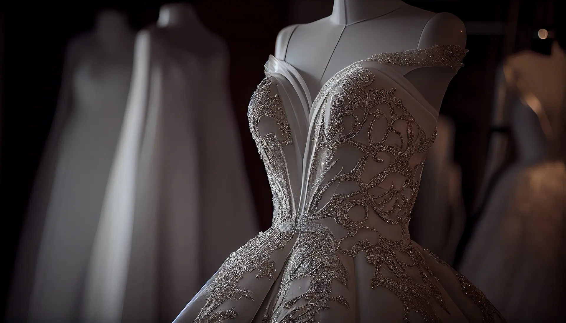 Close-up of a white bridal gown on a mannequin, featuring intricate lace and beaded detailing, set against a dimly lit background with other dresses.